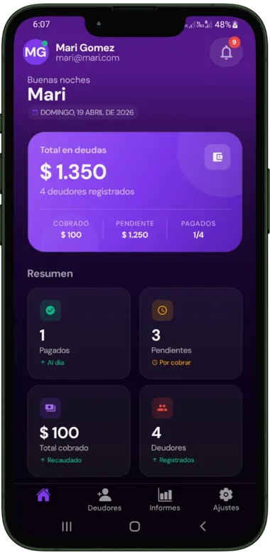 Captura de pantalla de Ctrl Deudores mostrando el panel de control de deudas